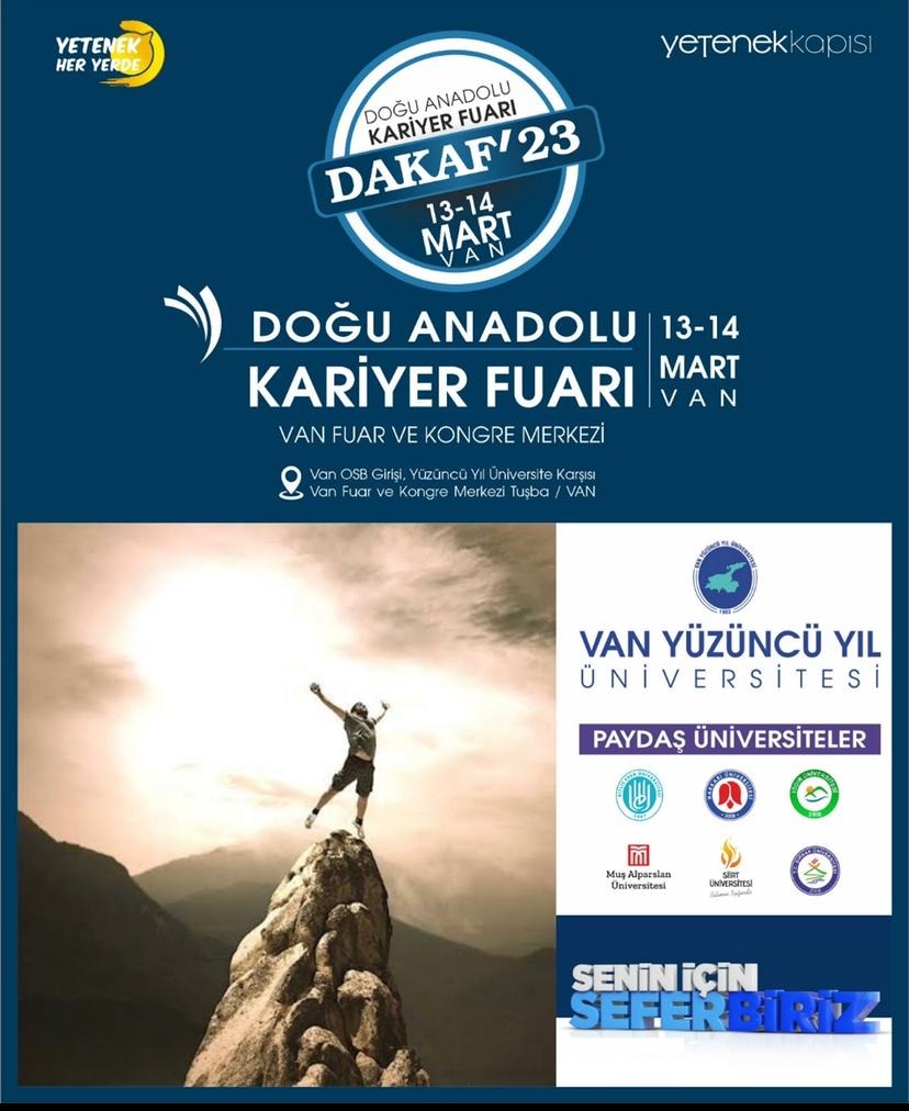 DAKAF'23, Cumhurbaşkanlığı İnsan Kaynakları Ofisi (CBİKO) koordinasyonunda ve 
bölgemizde yer alan 6 üniversite paydaşlığında Van Expo Fuar ve Kongre Merkezinde gerçekleştirilecek.
Ayrıntılar önümüzdeki günlerde paylaşılacak.
"Senin İçin Seferbiriz"
<a href="/MuratKayri/">Prof.Dr. Murat Kayri</a> <a href="/hsevli/">Hamdullah Şevli</a> <a href="/yyukagem/">Van YYÜ Kariyer Merkezi</a>