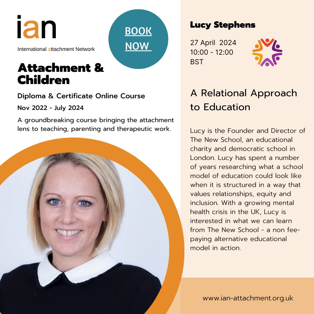 new_school_uk's tweet image. Our Founder Lucy is speaking during the International Attachment Network course, discussing 'A Relational Approach to #Education'. Lucy's talk isn't until April 2024, but you may want to access the other seminars on the course, which start in November bit.ly/TNS-IAN