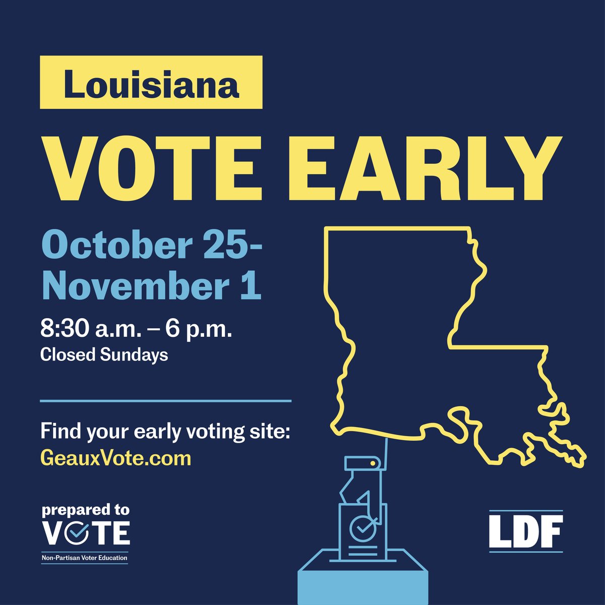 NAACP_LDF's tweet image. LOUISIANA! Early voting begins TODAY, Oct. 25! Polls are open until 6pm. There are important constitutional amendments and local, state, and federal races on the ballot so make sure you are prepared to vote. voting.naacpldf.org/voting-rights/…