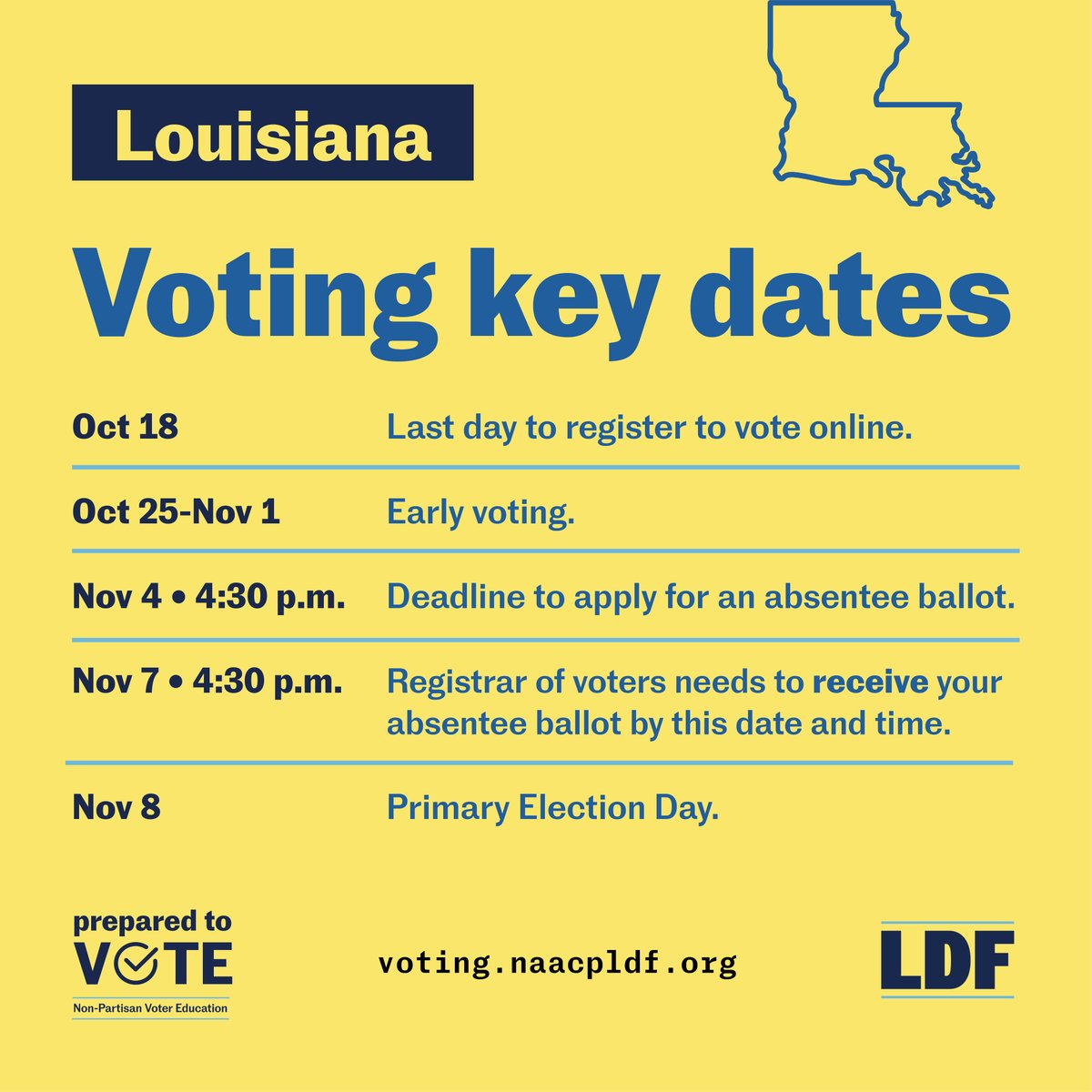 NAACP_LDF's tweet image. LOUISIANA! Early voting begins TODAY, Oct. 25! Polls are open until 6pm. There are important constitutional amendments and local, state, and federal races on the ballot so make sure you are prepared to vote. voting.naacpldf.org/voting-rights/…