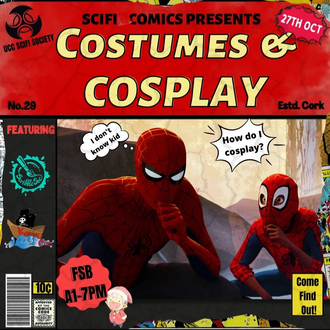 uccscifi's tweet photo. This Thursday at 7pm we have a very exciting event with Kaizo and Scribble soc in the FSB!

Learn all about costumes and cosplay, and even start making your own in time for Halloween!

This event is open to beginners and experts alike so all are welcome!

We hope to see ye there! https://t.co/ZUQltD1mFd