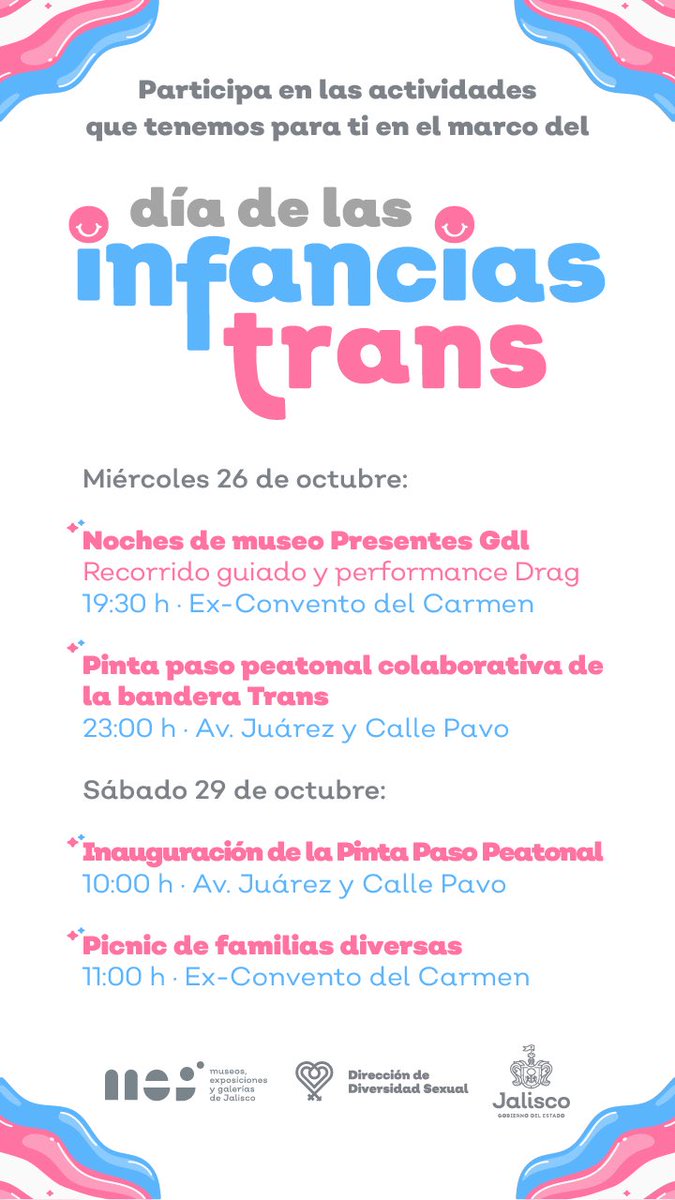 El 29 de octubre celebraremos el #DíaDeLasInfanciasTrans. Junto con @InfanciasTrans y @ftmguadalajara hemos organizado este programa de actividades ¡súmate! #JaliscoDeIguales 🏳️‍⚧️