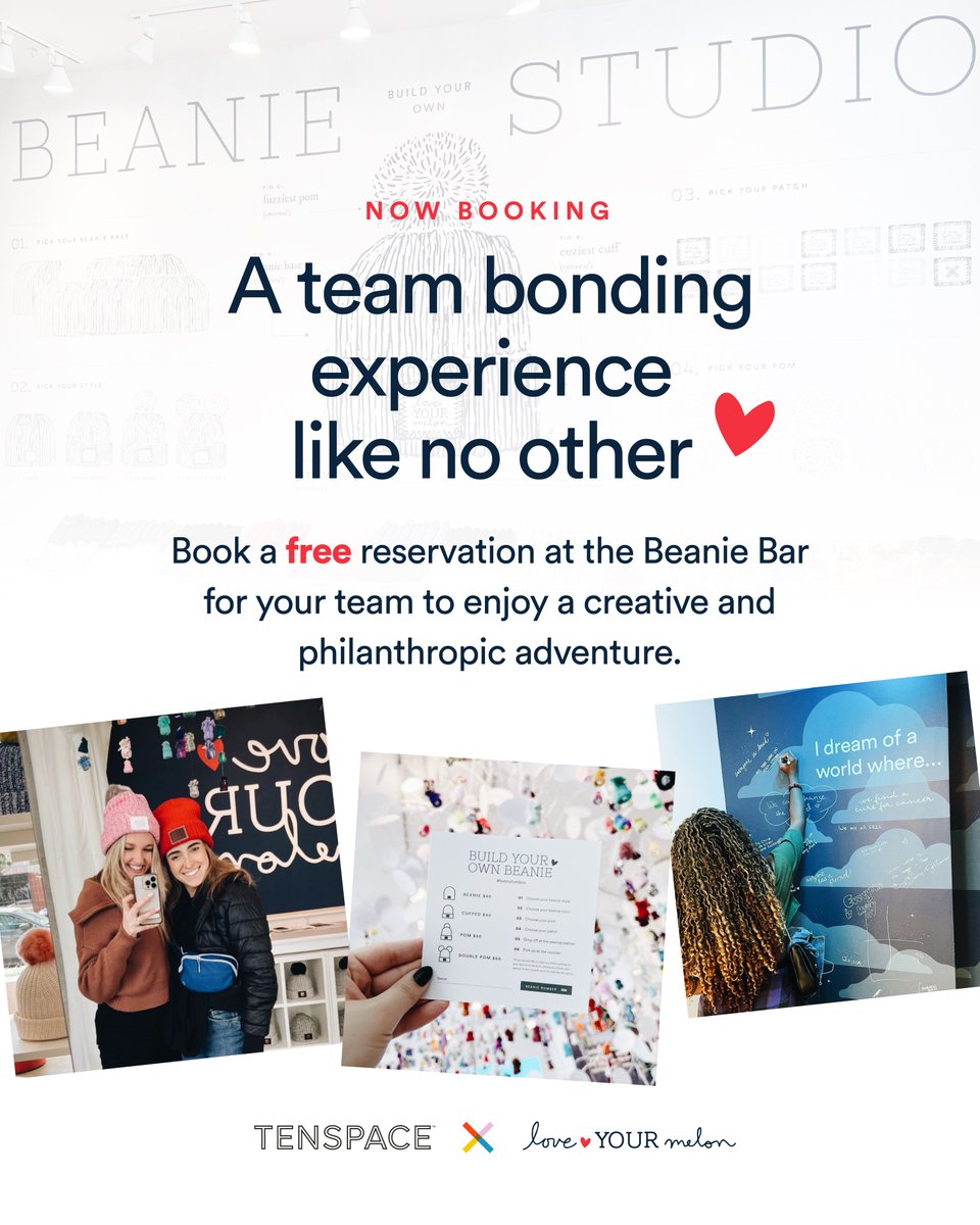 Looking for an inspiring team outing? Book the Build Your Own Beanie Bar at TENSPACE! Teams get designated time to create their own beanie all while giving back and supporting the fight against pediatric cancer.

Book your reservation at the link below!
lnkd.in/g_v4Bn2x