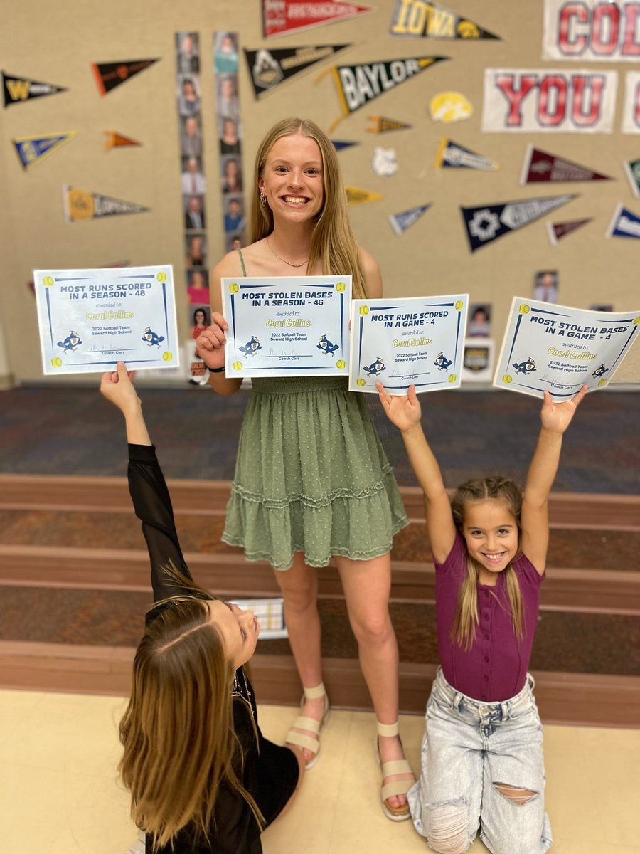 SewardSoftball's tweet photo. Jr. @CoralCollins11 had a great year for us. Our CF set several school records. 1st all time: 
Runs scored in a season (48)
Stolen bases in a season (46) &amp; in a career (92)
Stolen bases in a game (4)
She batted .451 3rd all time. #muchlove @SewardBlueJays keep working hard stud! https://t.co/zmwjlnaTDI