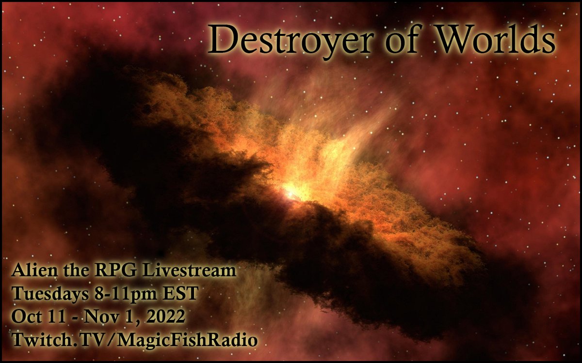 Tonight! We're #SpaceMarines looking for trouble again ;)

Twitch.tv/MagicFishRadio
8pm EST 10/25/22 it's #AlienTheRPG #DestroyerofWorlds! Part 3 of 4, we hope?

GM <a href="/JNCollins132/">John Collins</a> Players ActualDraccus, <a href="/MsChrysilla/">Chrysilla - Tarot for the World We Want</a> &amp; <a href="/OnceAndFutureDr/">Duffle Bag Full of Zombies Press</a>!

#TTRPGs #smallstreamers #ActualPlay #Modules