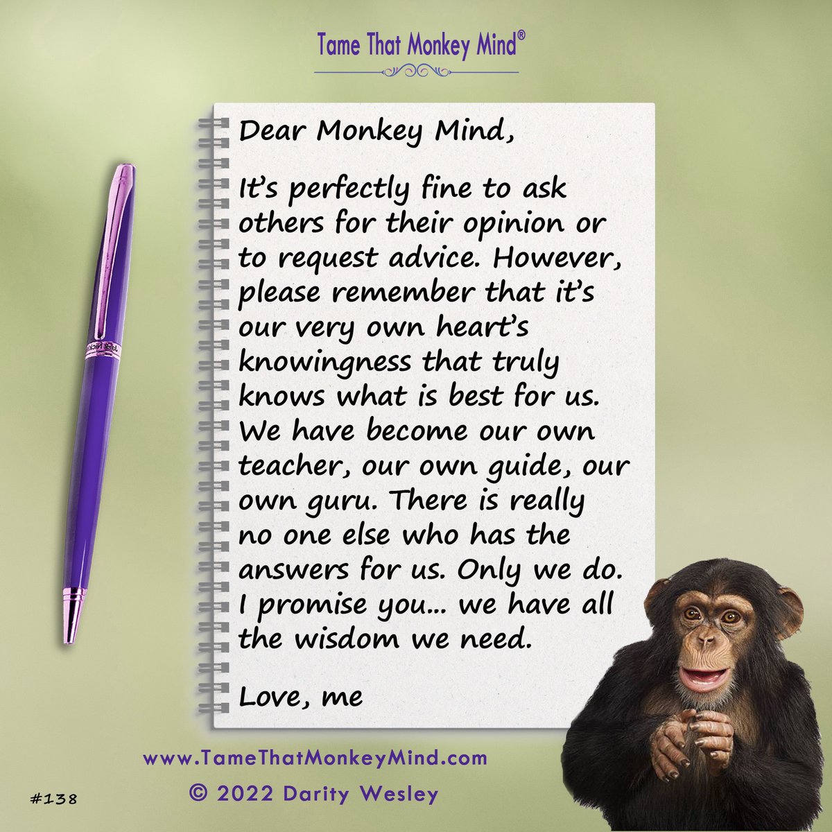 DarityWesley's tweet photo. Here’s the latest post from my Tame That Monkey Mind website https://t.co/6dwta0x2Bp. What’s your monkey mind chattering about today? 🐵💖 https://t.co/Cw8Z5ORcOg