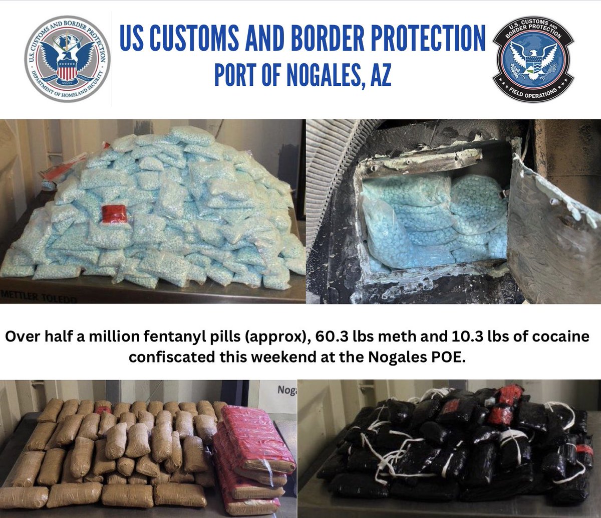 3 fentanyl pill loads on Sat.
10,400 pills in a purse
114,800 pills &amp; 10.3 lbs cocaine in dash
297,000 pills in frame rails and a false compartment of a car.
 
2 fentanyl pill loads on Sunday
134,200 pills in the rocker panels of a car
21,000 pills &amp; 60.3 lbs meth in doors/seats