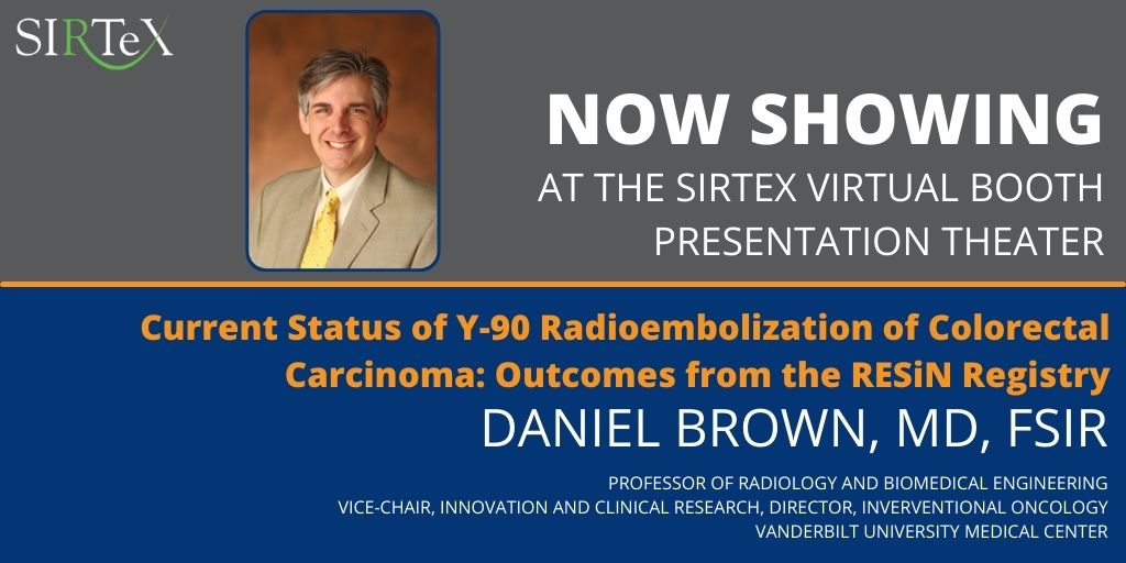 SirtexMedical's tweet photo. Dr. @danbrownIO's webinar on U.S. RESiN registry outcomes for #mCRC is live in the Presentation Theater at the #SirtexVirtualBooth! Check it out here: https://t.co/Kgrqy0va7i https://t.co/TOFxmU06GU