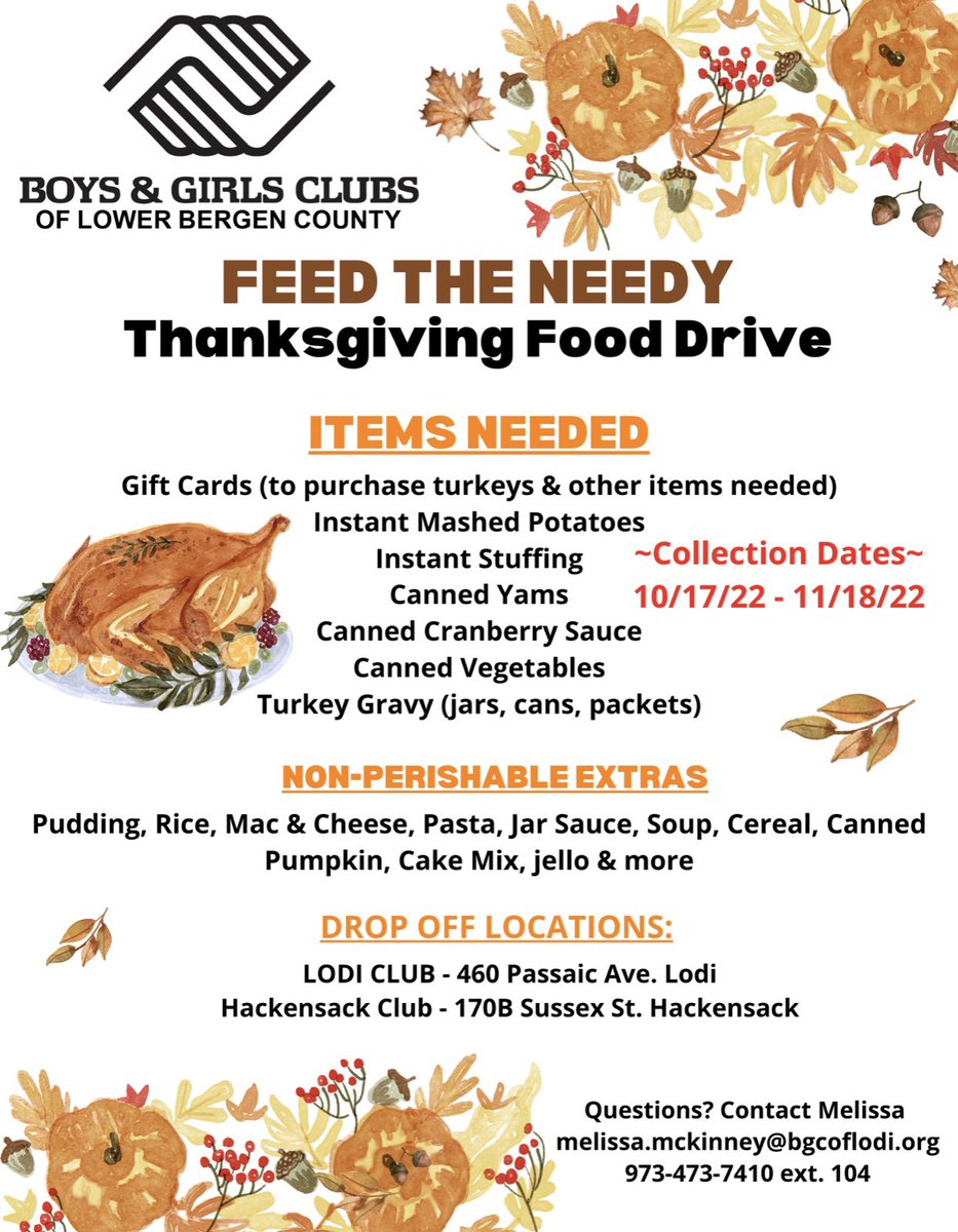 BGCLBergen's tweet photo. Our annual Feed the Needy Thanksgiving food drive has begun!Help us provide families in need with a traditional turkey dinner this Thanksgiving! See flyer for details or visit our website to donate. https://t.co/XLMpnDgV1F all funds raised through this campaign help buy food! https://t.co/bjQ4yumBJ3