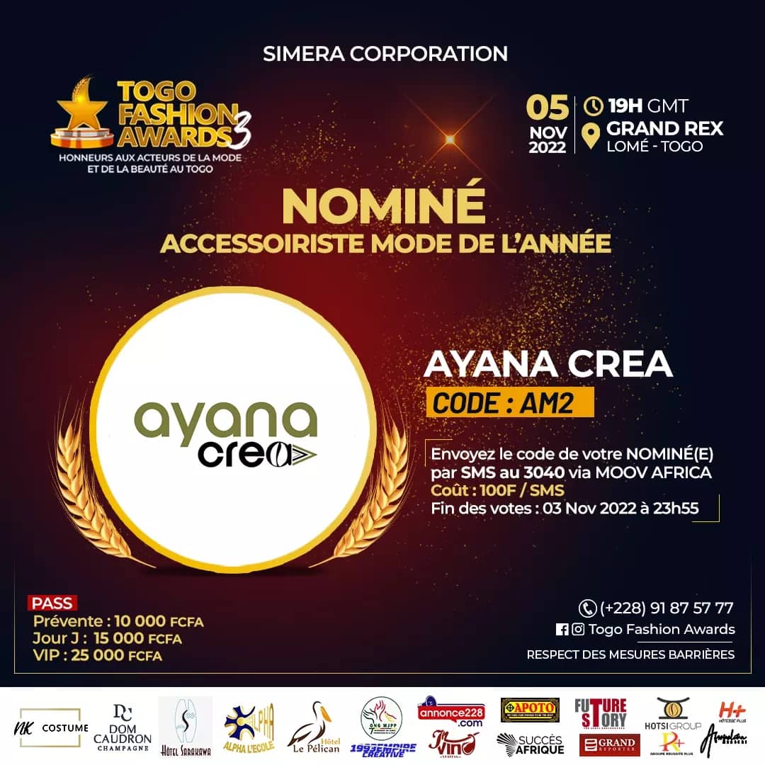 👋🏾 Salut #TgTwittos

C'est la troisième édition du Togo Fashion Award et nous sommes nominées dans la catégorie ''accessoiriste mode de l'année". Tout ceci possible grâce à vous. Mille merci pour votre soutien et vos prochains votes ✨🙏🏾