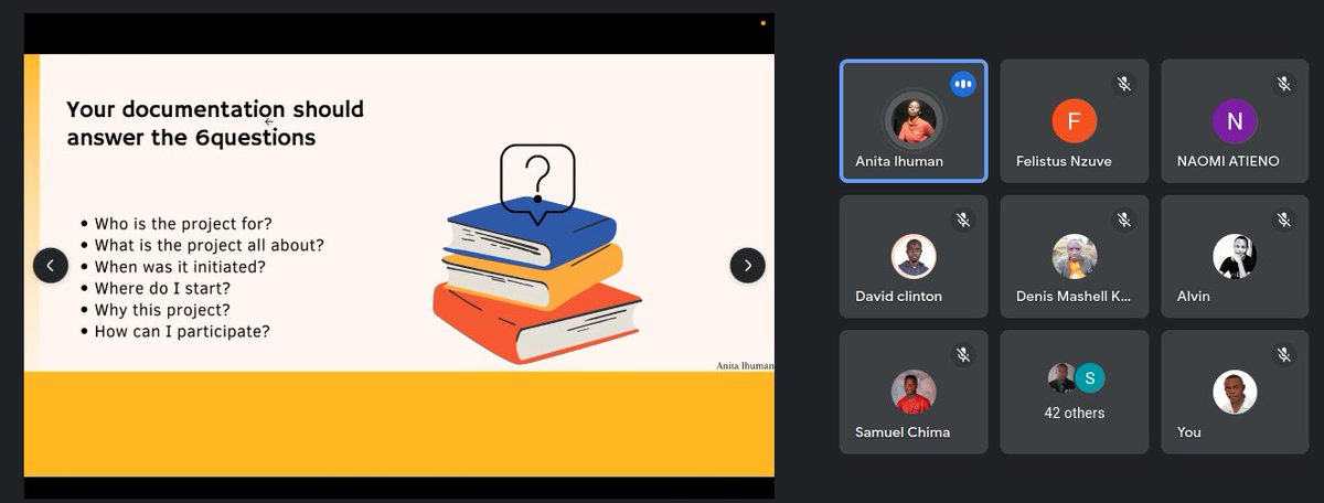 jumalaw98's tweet photo. The questions to ask yourself when writing documentation presentation by @Anita_ihuman
Host @SpaceyaTech x @jumalaw98 @NzuveKavuu @OukoCecilia #Documenation https://t.co/zS3oOXvv30