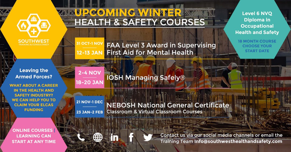 Are your staff properly trained? #HealthandSafety bit.ly/2ZOMpRx 
#southwesthealthandsafetytraining #healthandsafety #nebosh #IOSH #safetytraining #military #armedforces #armyveteran #army #resettlement #veterans #mentalhealth #mentalhealthfirstaid #construction