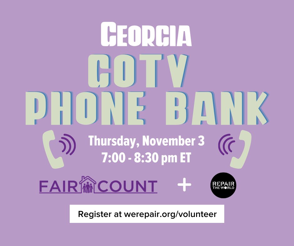 Elections got you down?? I’m recruiting volunteers to join me on 11/3 for a phone bank with @faircount and @repairtheworld, taking action to ensure an election that is more fair and more free! Register here: mobilize.us/faircount/even…