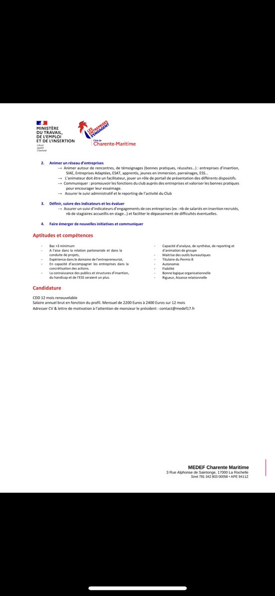 🫵 Rejoignez l’aventure Les entreprises s'engagent en #charentemaritime en devenant l’animateur ou l’animatrice du club porté par le MEDEF Charente-Maritime.

#MEDEF
#MEDEF17
#poleemploi 
#ADEI17