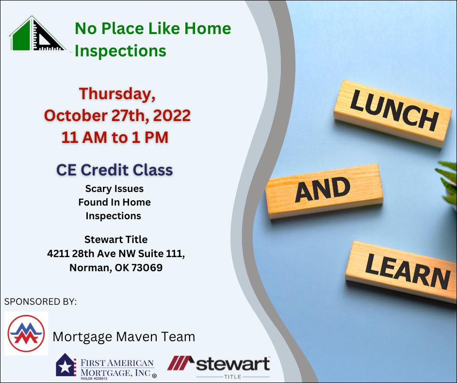 Join us this Thursday for Lunch and CE!  We look forward to seeing you! 

#StewartofOklahoma #StewartNorman #Learn #Realtor #Grow
