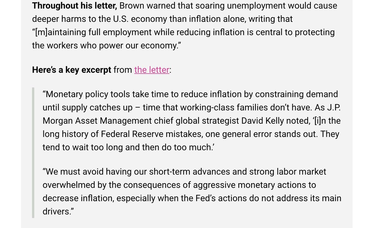 SCOOP: Two weeks ago, Senate Banking Chair Sherrod Brown told @KateDavidson: “I don’t have a lot of thoughts on what the Fed does,” re: interest rates. That changed today. Brown sent a letter to Fed Chair Jay Powell urging the banker not to crush the labor market as rates rise.