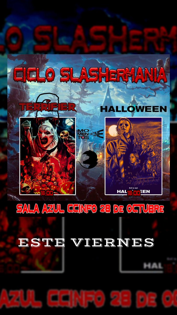 MomentosdeCine2's tweet photo. 🎃🦇Estáis todos invitados🦇🎃
Este viernes junto a los chicos de @SALFccinf estaremos proyectando dos de los mejores slasher de la última década.

 📆Viernes 28
⌚16:00
🏛️SALA AZUL (junto a la cafetería) https://t.co/VNsmvTvJA6