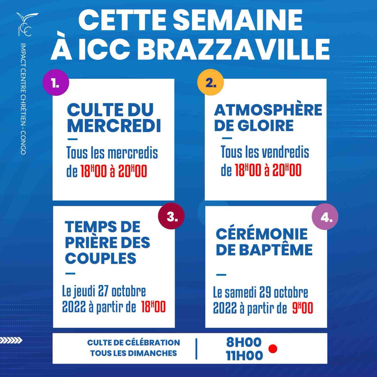 "Car là où deux ou trois sont assemblés en mon nom, je suis au milieu d'eux." Mathieu 18 :20
Retrouvez-nous sur la route de la Base  en allant vers le camp GPC à Brazzaville ou sur nos différentes plateformes numériques.
Que Dieu vous bénisse !