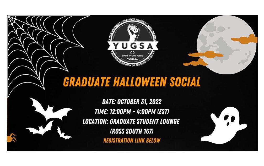 Join us at the YUGSA graduate Halloween get-together and BBQ on Monday 31st October!👻 
.
There will be music, food, AND a Halloween make-up station!🎃
.
Please register for the event in advance at the link in our bio. instagr.am/p/CkJOvpTgqjj/