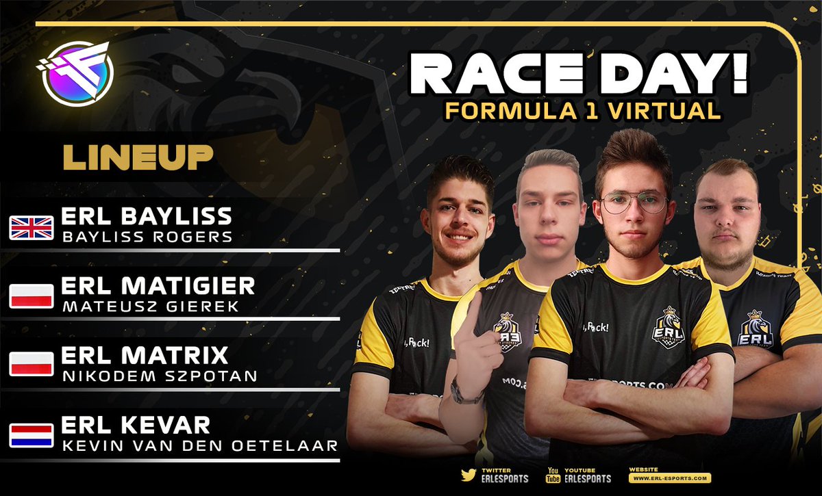 ERL | Race Day! 💛🖤

Today we are racing in <a href="/formula1virtual/">Formula 1 Virtual</a> aiming for the championship win with one race to spare 🏆

Our line up for this race: 📖
👤<a href="/ERL_Bayliss/">BR._. 🌐</a>
👤@ERL_Matiger
👤@ERL_Matrix
👤<a href="/ERL_Kevar84/">ERL Kevar84</a>

Tune in at 21:30 BST! 🎙️
twitch.tv/Formula1Virtual

#eSports #F122Game
