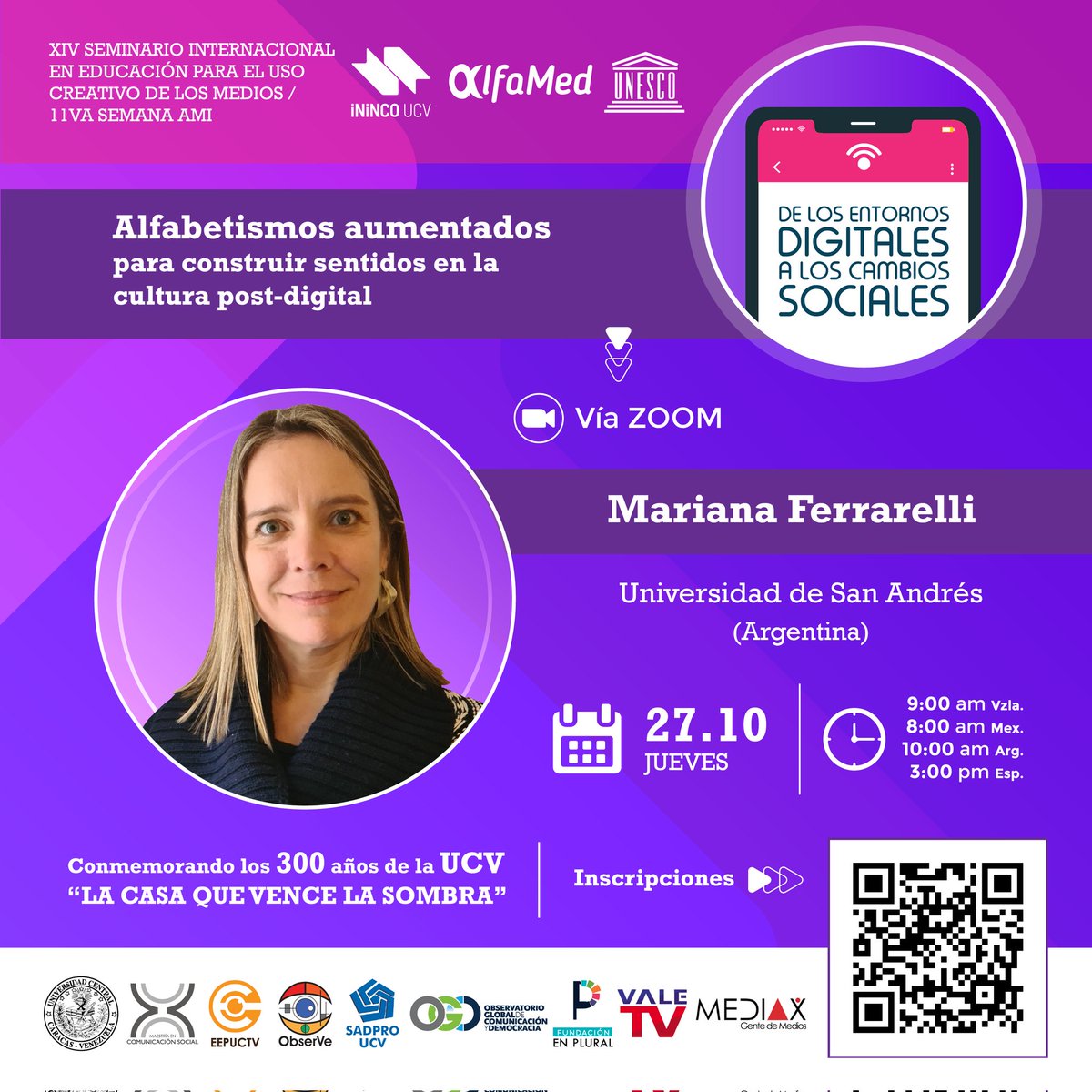 FerrarelliM's tweet photo. 📲 Estaremos hablando sobre #AlfabetismosAumentados para aprender y enseñar en la cultura (post)digital.
📍 Inscripciones en el QR
#UNESCO #ALFAMED #AMI #CulturaDigital #RedesSociales #EntornosDigitales #Videojuegos #Educomunicación
#PrácticasMestizas https://t.co/hoYMnBnDcA