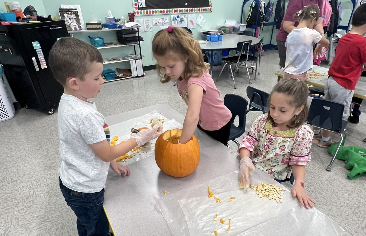 BrookhavenBulls's tweet photo. Kindergarten learns pumpkin adjectives using all 5 senses! Our pumpkins are slimy, gooey, hard, round, smelly, hollow, and orange! https://t.co/r1wdV1Ey3B