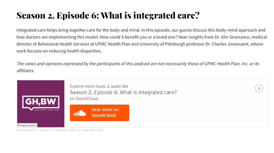 What's integrated care? You won't hear a better explanation of BHI than this. Thank you @UPMC @UPMCpolicy for sharing, and for making collaborative care happen. Dr. Severance will be joining PCC's webinar on Oct 27. @_ACHP #behavioralhealth postindustrial.com/podcasts/seaso…