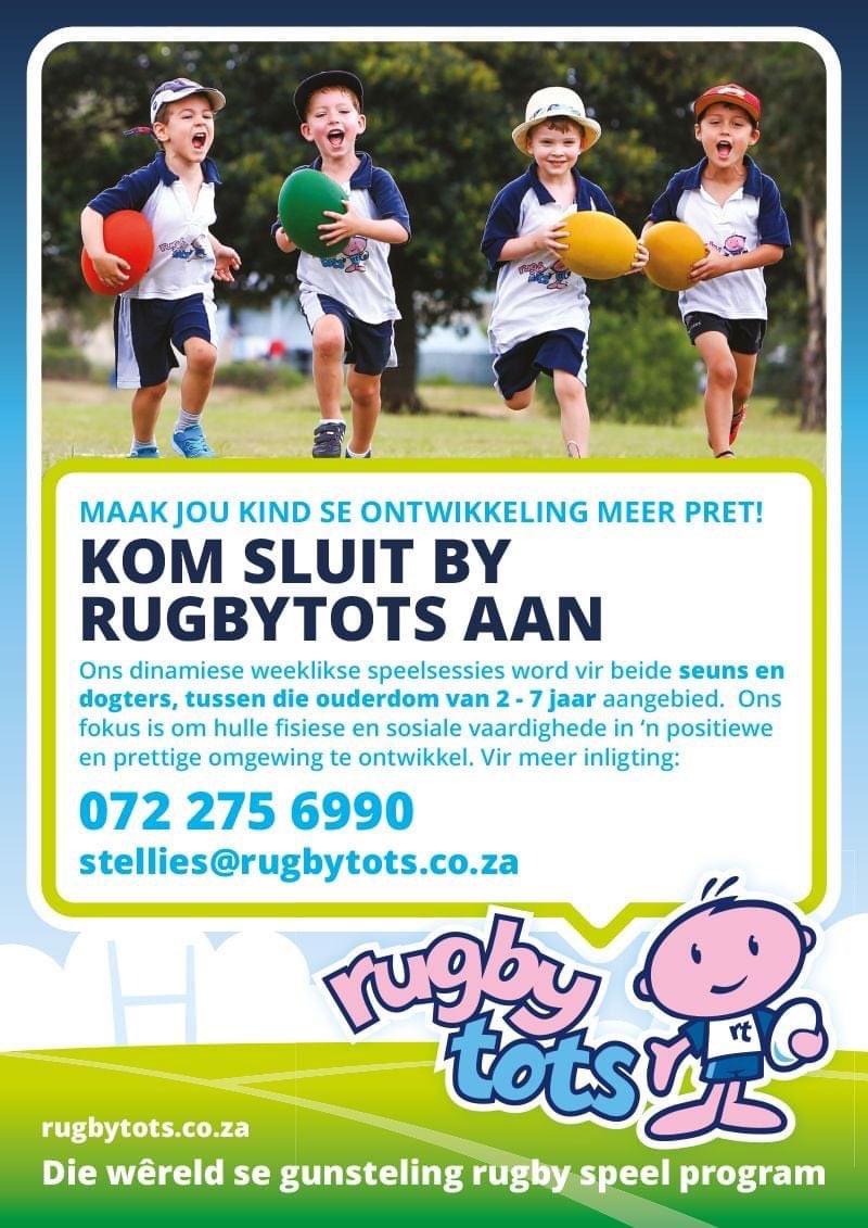 🏉⭐️Bring your Kids for a FREE Rugbytots Taster on Saturday, 15th October 2022, at Van der Stel Sports Club.
10.00am: 2yr - 3.5yr age group
10.30am: 3.5yr - 5yr age group
10.30am: 5yr - 7yr age group
Contact Coach Rich to book your FREE Rugbytots Taster. #Rugbytots #Stellenbosch