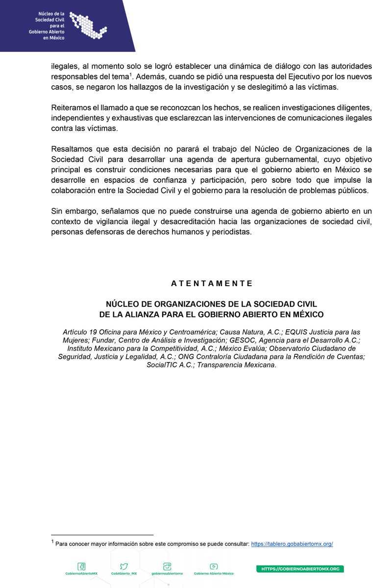 Compartimos el comunicado del <a href="/GobAbierto_MX/">𝐆𝐨𝐛𝐢𝐞𝐫𝐧𝐨 𝐀𝐛𝐢𝐞𝐫𝐭𝐨 🅼🆇</a>  respecto a nuestra participación en el ejercicio federal de Gobierno Abierto ante las revelaciones de #EjércitoEspía y la ausencia de condiciones para la cocreación de un 5o Plan de Acción Nacional de Gobierno Abierto