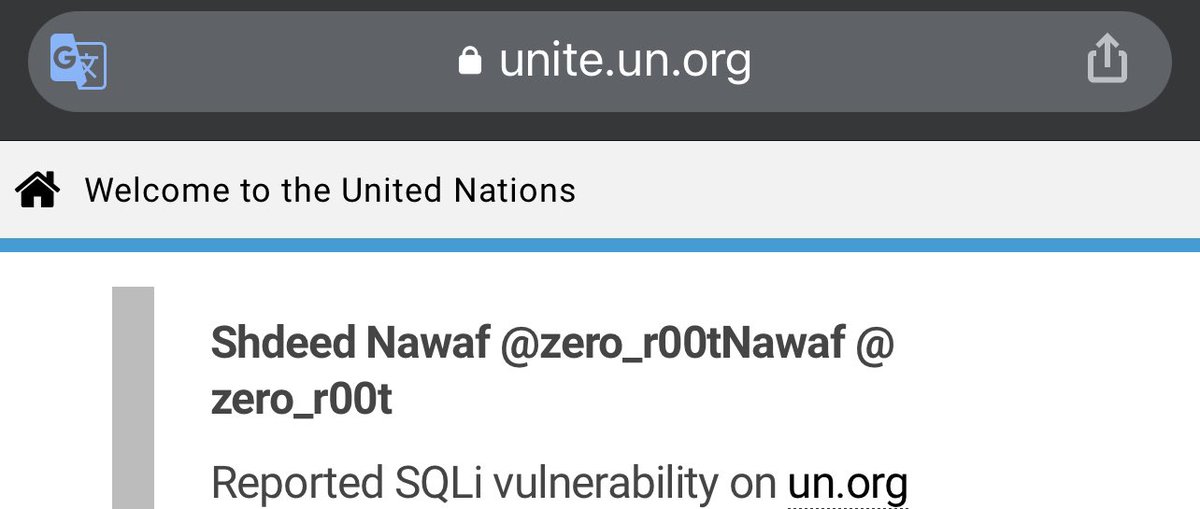 الحمدلله ، تم أدراج إسمي من قبل الفريق الأمني التابع للأمم المتحدة على لائحة الشرف لأكتشافي ثغرة من نوع SQLi في أنظمتهم 👍🏻♥️،