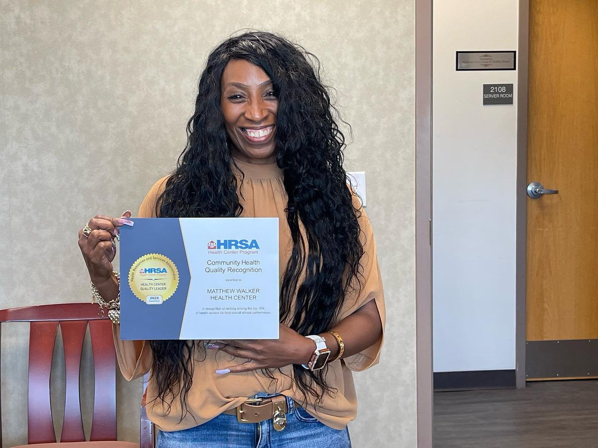 mwalkerhealth's tweet photo. Wondering why our PCMH Quality Improvement Manager is so happy?  
MWCHC just received our Community Health Quality Recognition Award from HRSA (Health Resources and Services Administration). We ranked among the top 10% of U.S. health centers for best overall clinical performance. https://t.co/DHG3jofN0k