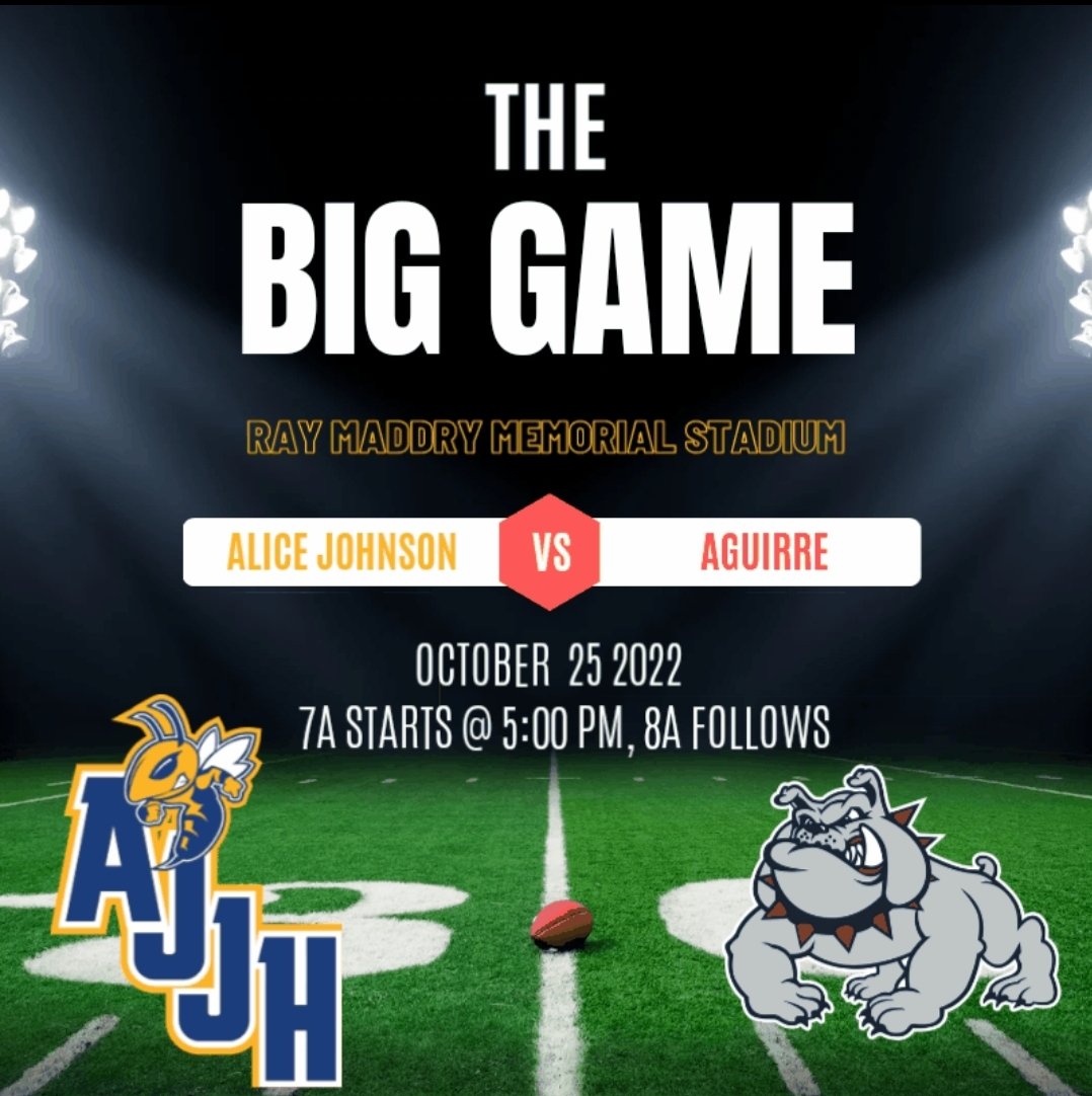 Come watch future Falcons battle for bragging rights tonight at Ray Maddry Memorial Stadium. 7A starts at 5PM, 8A to follow conclusion of 7A game. @AliceJohnsonJrH @AguirreJrHigh