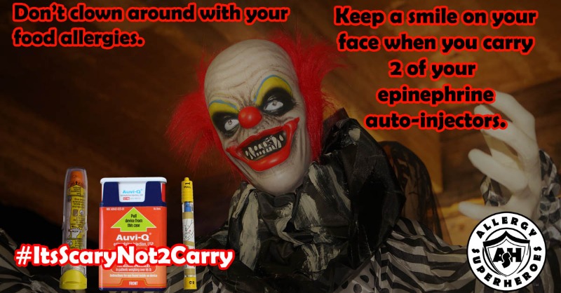 allergyheroes's tweet photo. Fewer things are more frightening than being caught without your Epinephrine during Anaphylaxis. Don't clown around with food allergies!
#ItsScaryNot2Carry 
#FoodAllergy
#FoodAllergies
#FoodAllergyAwareness
#EpiSavesLives
#EpiFirstEpiFast
#EpiPen
#AuviQ
#Anaphylaxis
#Epinephrine https://t.co/tmM1nHofZV