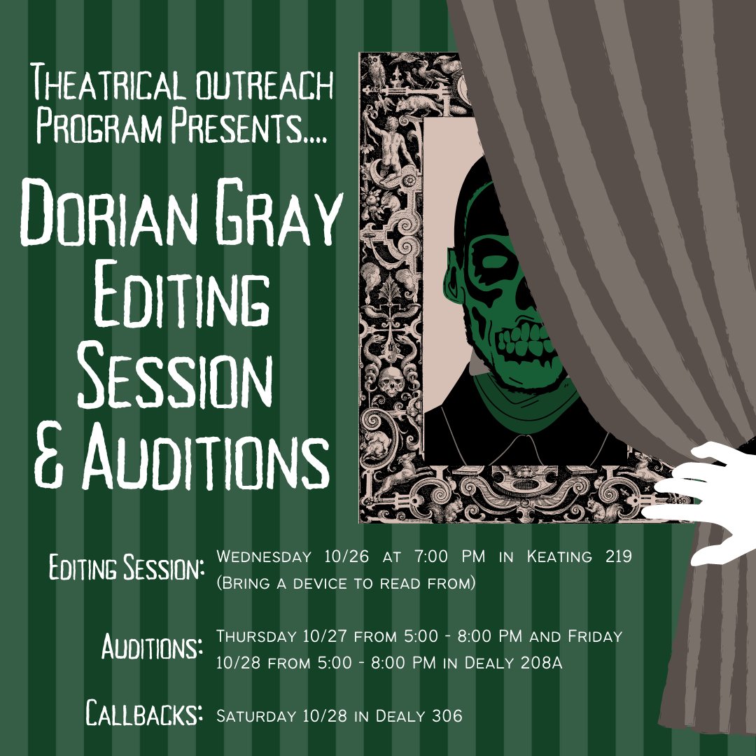 TOP_Fordham's tweet photo. UPDATE!! Dorian Gray Editing Session and Auditions! Editing Session: Wednesday @ 7PM in Keating 219 (Bring a device to read from). Auditions Thursday and Friday @ 5-8 PM in Dealy 208A with Callbacks Saturday in Dealy 306  (time TBA) https://t.co/yXnFNNg62a