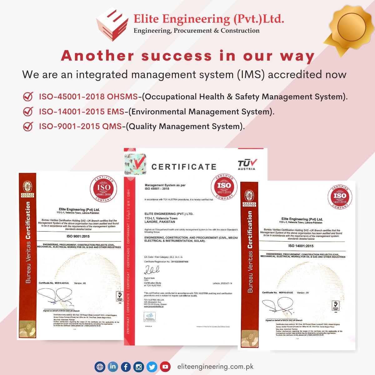 EliteEngineer13's tweet photo. Heartiest Congratulations on Accreditation of Elite Engineering (Pvt.) Ltd on ISO Standards 45001-2018 OSHMS, 14001-2015 EMS &amp; 9001-2015 QMS

#AnotherAchievement #Certified #ISOCertified #ISO9001 #ISO45001 #ISO14001 #EliteEngineering https://t.co/0FKnMAXSQu