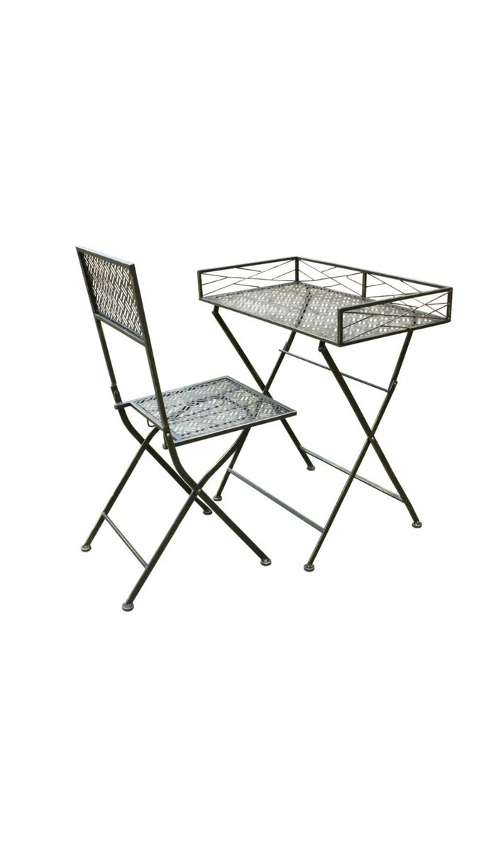 Folding Metal Desk And Chair Set   
This is a super folding metal writing desk and chair set made from black coated metal distressed with gold effect highlights. The flat surfaces of the desk and chair have an abstract cut out design. 
<a href="/ExclusiveFurni2/">Exclusive Furniture</a>