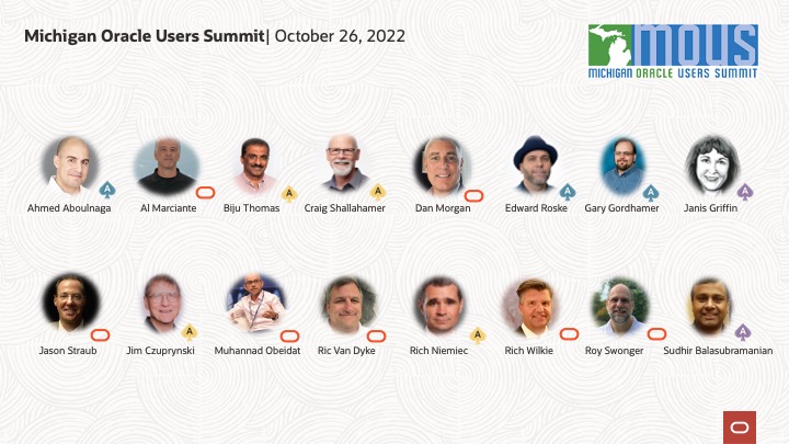 Don't miss #MOUS22 tomorrow - a great line-up of presentations from Oracle experts covering APEX, DB Technologies &amp; Tools, Big Data &amp; Cloud Computing!

<a href="/Ahmed_Aboulnaga/">Ahmed Aboulnaga</a> @biju_thomas @ggordham <a href="/DoBoutAnything/">Janis Griffin</a> <a href="/JimTheWhyGuy/">Jim Czuprynski</a> <a href="/RichNiemiec/">Rich Niemiec</a> <a href="/vRacDba/">Sudhir Balasubramanian</a>
social.ora.cl/6011MWApP

#OracleACEs