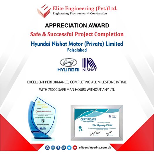 EliteEngineer13's tweet photo. Congratulations to the Elite team! We just got an Appreciation Award for safe and successful projects completion of #Civil, #Mechanical, and #MEP work at Hyundai Nishat Motor Pvt. Ltd Plant Site!

#award #appreciation #HyundaiPakistan #HyundaiNishat #safetyfirst #eliteengineering https://t.co/S9ngZvRqah