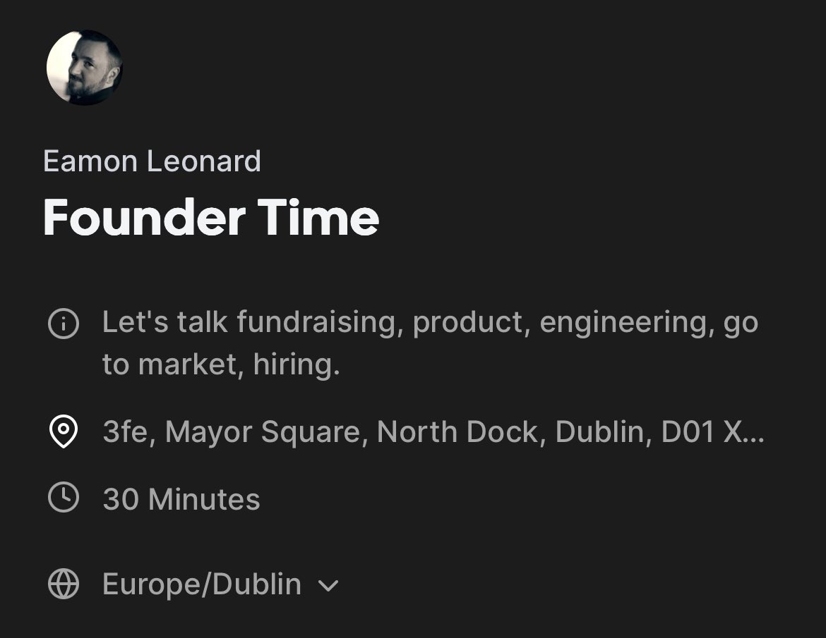 Founders in Dublin!

Let’s grab some time on Thurs or Fri this week. Can talk product, engineering, GTM, devrel, fundraising, etc. 

cal.com/eamo/founder-t…