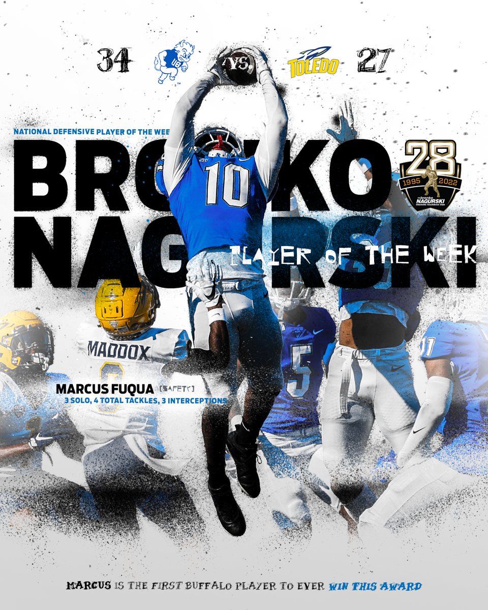 UBFootball's tweet photo. Marcus Fuqua is the first UB player ever named the Bronko Nagurski National Player of the Week❗❗

🔗https://t.co/A6XWeSWUpd

#UBhornsUP | #PoundTheRock https://t.co/8x1gZtV9yH