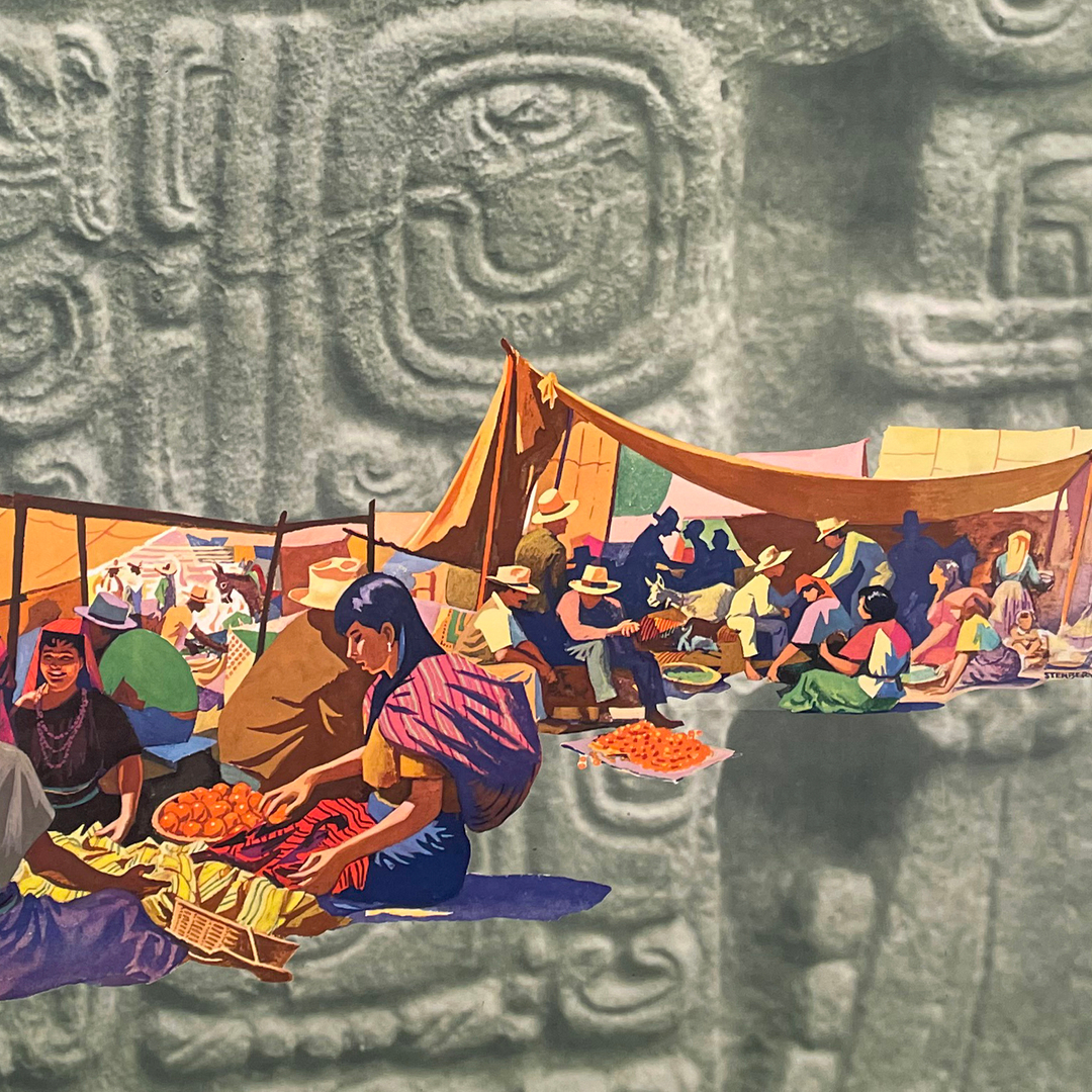 Oldimprints's tweet photo. On a 1959 Pan Am travel poster, a colorful illustration of a marketplace by Algot Stenbery (1902 - 1983) floats against a photographic background image of pre-Hispanic stone carvings. https://t.co/Gy663MqeCZ