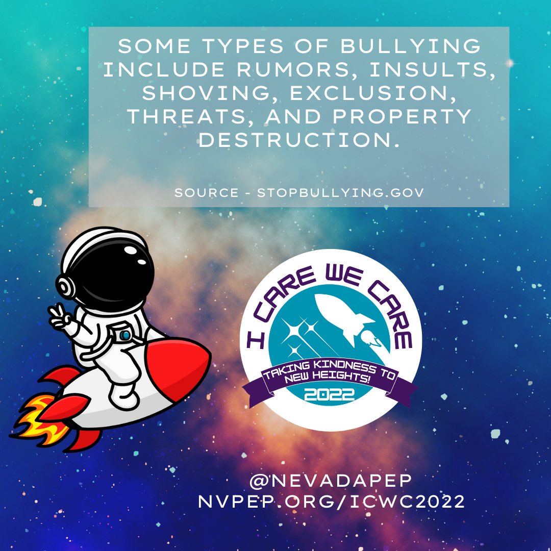 NevadaPEP's tweet image. Some types of bullying include rumors, insults, shoving, exclusion, threats, and property destruction.
Source - Stopbullying.gov

Learn more about what you can do to prevent bullying at NevadaPEP.org/ICWC2022

#ICWC2022 #BullyingPrevention #ChooseKindness #NevadaPEP