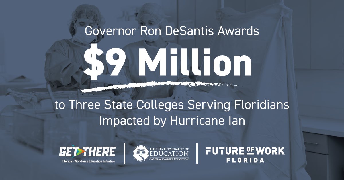 Today, <a href="/GovRonDeSantis/">Ron DeSantis</a> awarded $9M to support workforce education programs in high-demand fields across the state, with a focus on serving professions and Floridians impacted by Hurricane Ian. Read more about FL's historic strides in workforce education: bit.ly/3gvxuqS