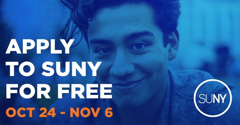 SUNY's tweet photo. NEWS: #SUNY Launches Two-Week No-Fee Application Period To Expand College Accessibility: