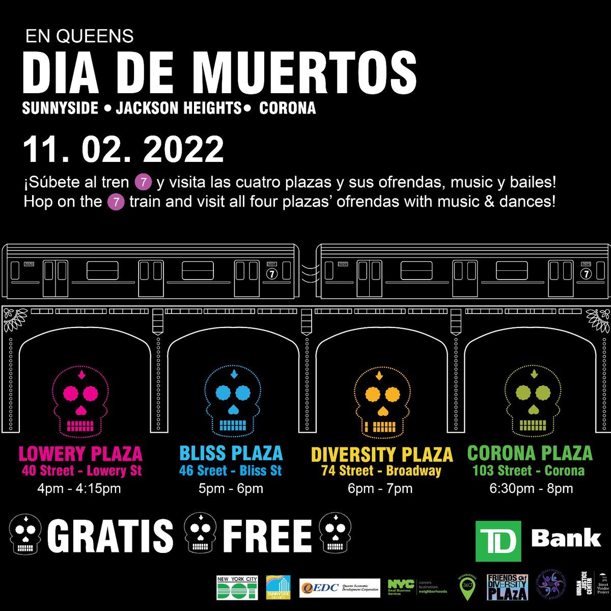 🕯️Join us on Wednesday, November 2nd | 4-6pm for Dia de Muertos🕯️ 📍Lowery Plaza from 4pm-4:15pm 📍Bliss Plaza 5 pm - 6 pm 📍Diversity Plaza 6pm- 7pm 📍Corona Plaza 6:30pm- 8 pm Presented in collaboration with @SunnysideShines @QueensEDC @NYC_DOT