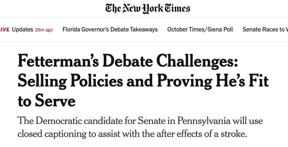 MattGertz's tweet photo. 1. Here’s how The New York Times is framing tonight’s Fetterman-Oz debate – it’s all about what Fetterman, not Oz, has to prove. This speaks to the major partisan asymmetry between the right-wing and mainstream media. https://t.co/nbASL7lNMe https://t.co/hjTCCdVXAc