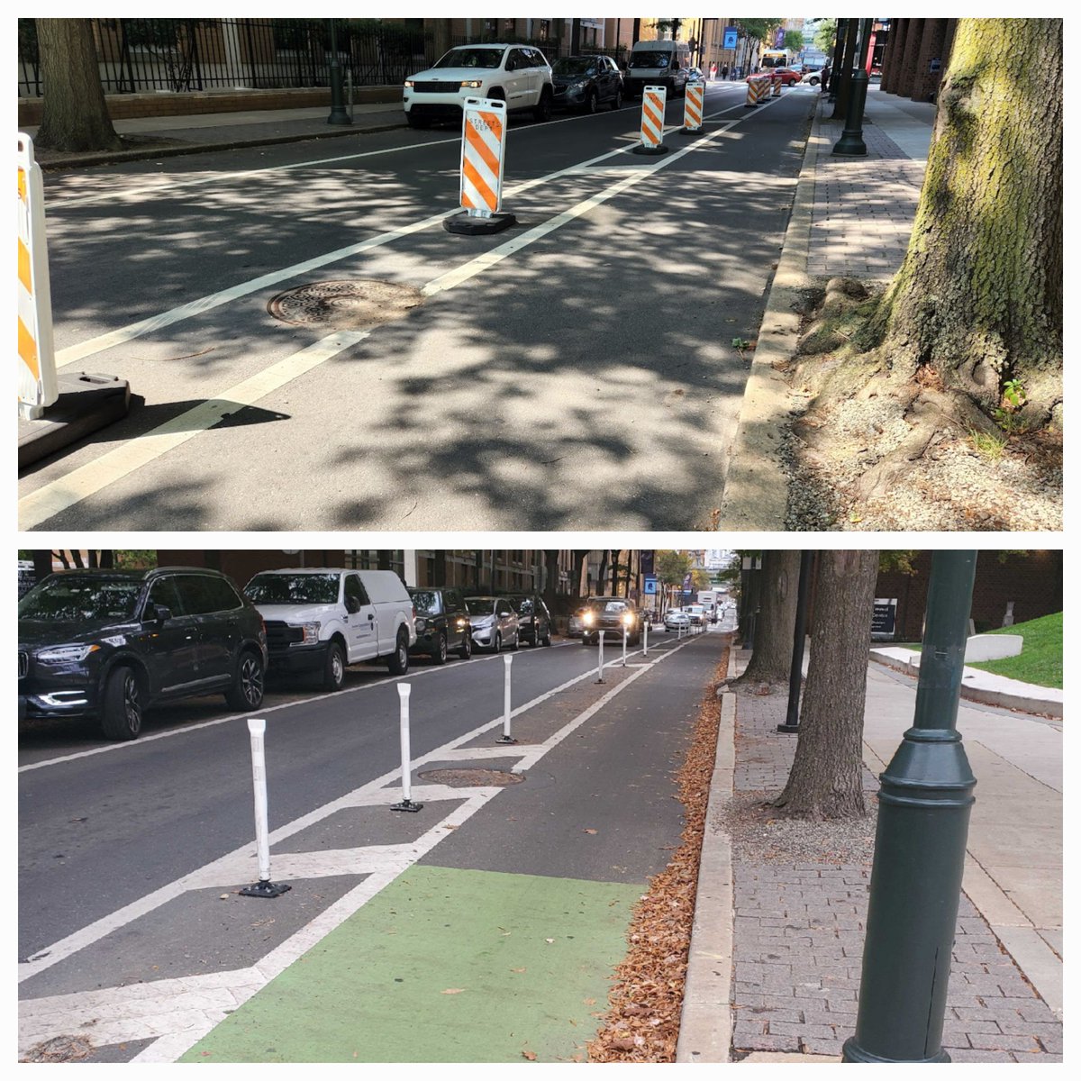 bcgp's tweet photo. Inch by inch, Philly's protected bike lane is growing.  This block of 10th St bw Walnut and Locust was added after a successful pilot to test out the lane adjacent to @TJUHospital facilities. New posts indicate its permanent. Thx @PhilaStreets @PhillyOTIS @TJUHospital @NACTO https://t.co/HjZyJWQspq