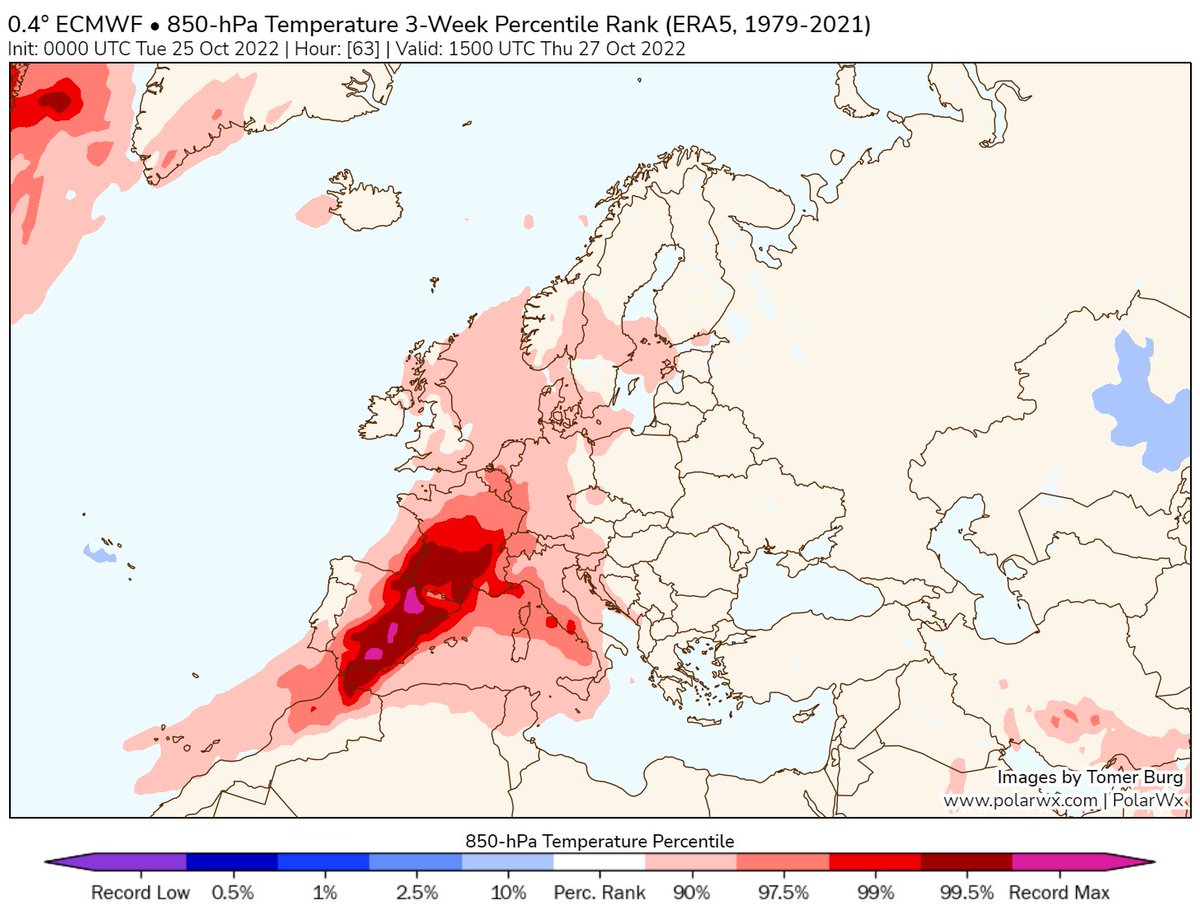 glezjuanje's tweet image. El próximo jueves, parte de la península ibérica tendrá potencial de alcanzar temperaturas históricas para la época en la que estamos. 

Esta imagen es a unos 1500 m. de altura, referencia para tener una idea de la situación a nivel atmosférico. Situación extremadamente anómala.