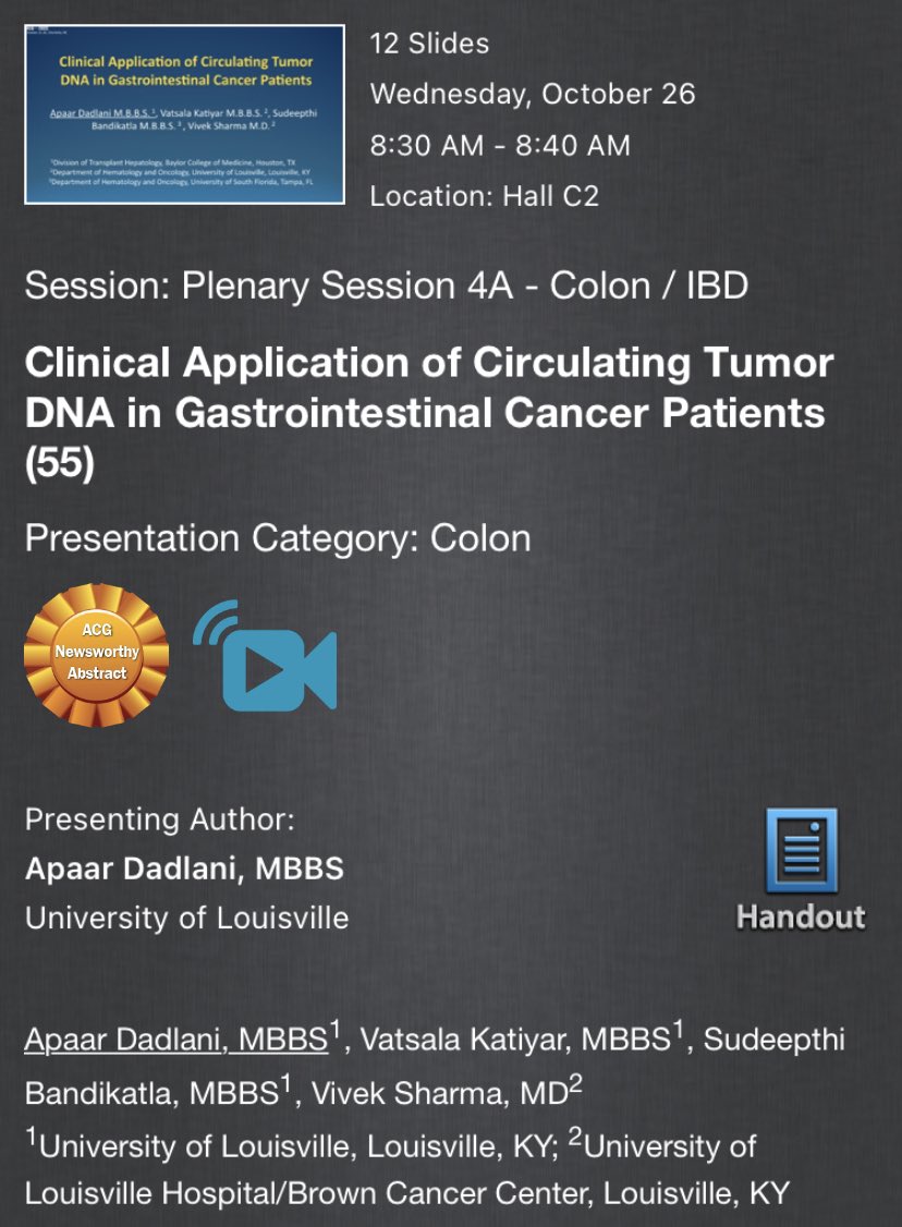 Apaar Dadlani (@apaardadlani) on Twitter photo #ACG2022 universe, come join me for my first ever plenary oral presentation on circulating tumor DNA in patients with GI cancer <a href="/AmCollegeGastro/">ACG</a> 10/26 8:30 AM at Hall C2 <a href="/UofLMedicine/">UofL Medicine</a> <a href="/bcm_gihep/">BCM Gastroenterology</a> #ACG2022 universe, come join me for my first ever plenary oral presentation on circulating tumor DNA in patients with GI cancer <a href="/AmCollegeGastro/">ACG</a> 10/26 8:30 AM at Hall C2 <a href="/UofLMedicine/">UofL Medicine</a> <a href="/bcm_gihep/">BCM Gastroenterology</a>
