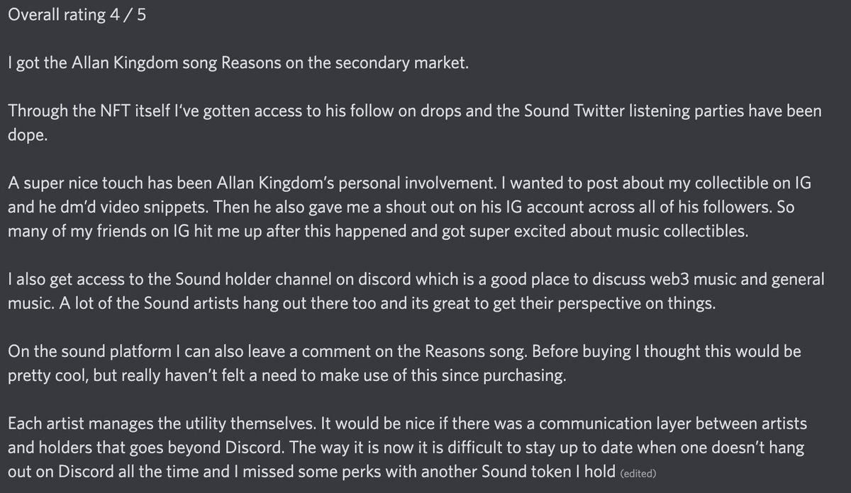 smousse_'s tweet image. Review #1

"a super nice touch has been @AllanKingdom involvement. I wanted to post about my NFT and he dm’d videos. Then he also gave me a shout out on his IG. So many friends hit me up after and got excited about music NFTs”

discord.com/channels/98422… link to authenticated review